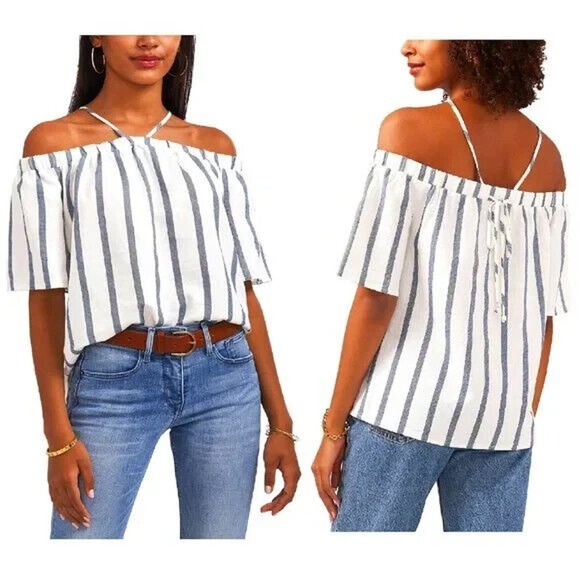 Vince Camuto, Striped Off The Shoulder Halter Top, Linen Blend, Women's X Small - Picture 1 of 5
